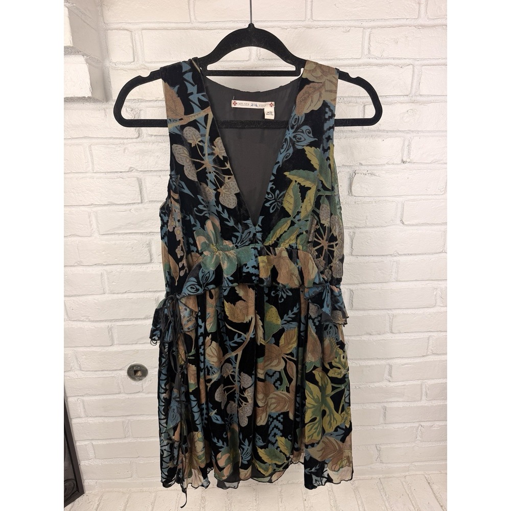 Chelsea & Violet XS Black Floral Velvet Ruffle Mini Dress Boho Romantic